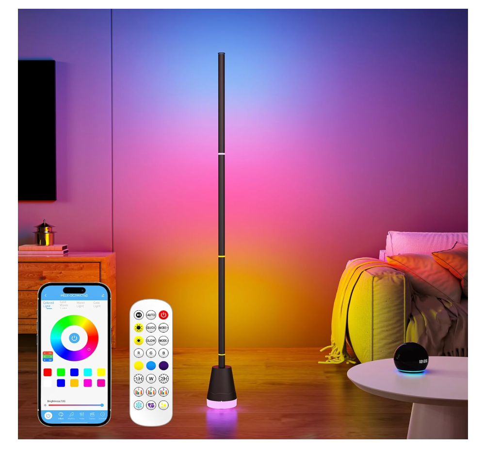 Clownya LED Corner Floor Lamp with App Control, Smart RGB Color Changing, Music Sync, Remote Control, 16 Million Colors,Modern Floor Lamp for Bedroom, Living Room