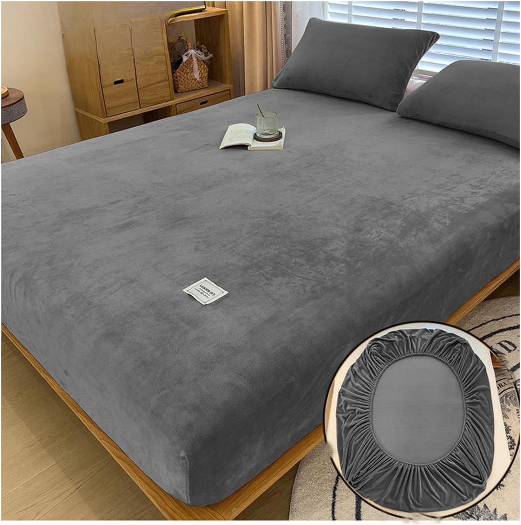 Velvet Fitted Sheet Full Size, Fluffy Fuzzy Fleece Bed Fitted Sheets with Deep Pocket, Luxury Soft Thick Plush Bedspread Mattress Protector Cover (Full:47x79in(120 * 200CM), Light Gray)