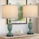 TOBUSA Farmhouse Living Room Table Lamps Set of 2, Green Rustic Vintage Table Lamps for Bedroom Nightstand, Antique Bedside Desk Lamps with Linen Shade, 22’’ Traditional Resin Lamp Sets for End Table