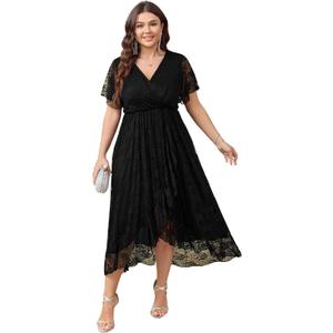 SCOMCHIC Womens Plus Size Wedding Guest Dress Formal Lace Wrap V Neck High Low Short Sleeve Cocktail Maxi Dresses XL-4XL Black