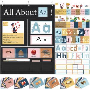Blosssound 34 x 27 All About Letter Pocket Chart 103 ABC Flash Cards Letter of The Day Week Chart Alphabet Tracing Educational Wall Poster Preschool Homeschool Learning Activities (Black)