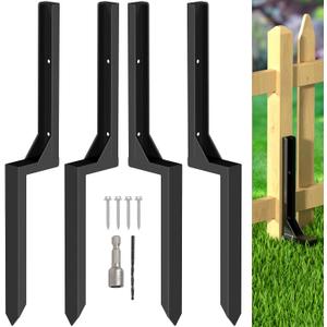 Fence Post Repair Kit, Heavy Duty Steel Fence Post Anchor Ground Spike for Repair Tilted, Broken Wood Fence Post (Black - Set 4) (Single Leg 2.8Ft)