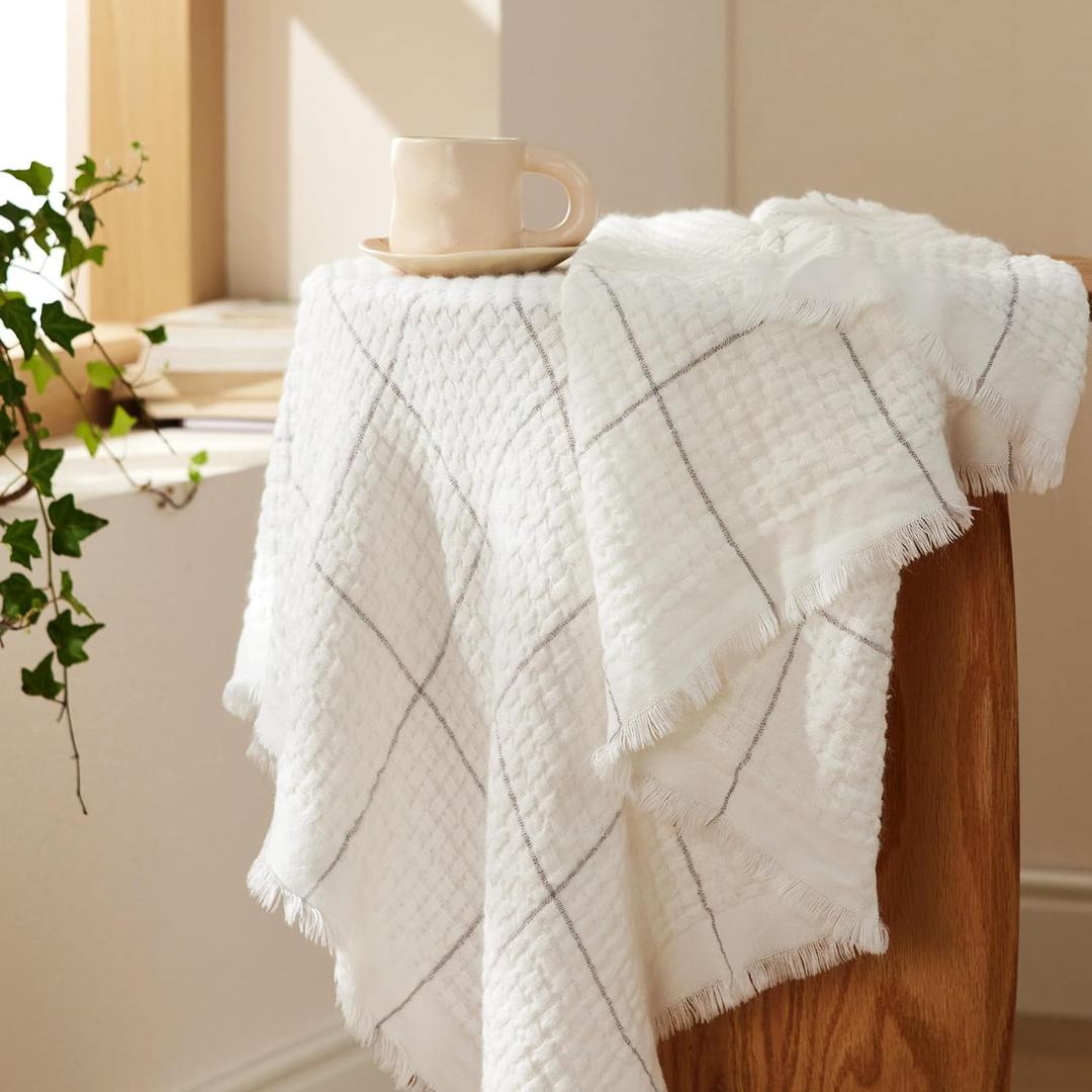 Bedsure Cream Throw Blanket for Bed - White Decorative Woven Throw Gifts with Tassels, Soft and Lightweight Farmhouse Blankets for Couch and Sofa, 50x60 Inches