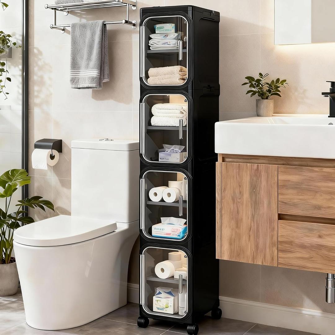 4-Tier Tall Narrow Storage Cabinet with Adjustable Shelves and Movable Wheels, Slim, Bathroom Storage and Organizers for Small Space, Bathroom, Kitchen, Laundry, Black