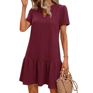 Wenrine Womens Casual Mini Dress Short Sleeve V Neck Drop Waist Ruffle Loose Summer Dresses with Pockets Burgundy S