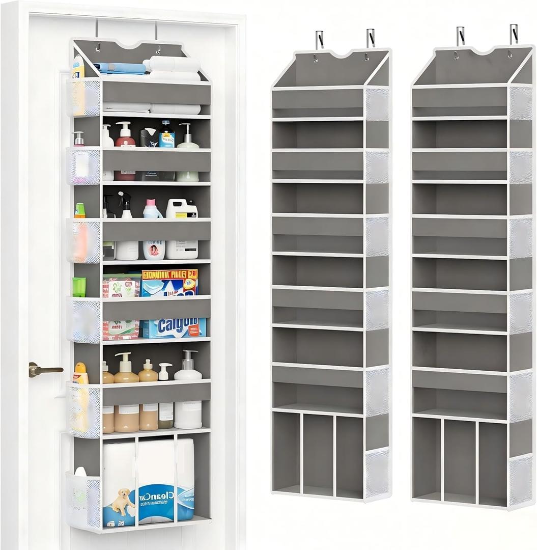 2-Pack Over The Door Organizer Hanging 6-Shelf Storage Organizer with 50lb Heavy Duty Perfect for Bathroom Closet Nursery Bedroom Pantry Laundry (Grey)