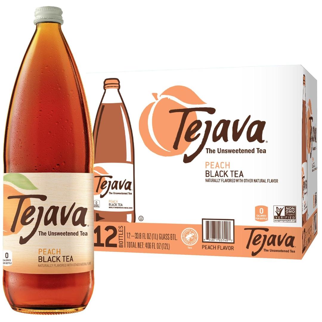 Tejava Original Unsweetened Peach Iced Tea, 12 Pack, 1 Liter Glass Bottles, Non-GMO, Kosher, No Sugar or Sweeteners, No calories, No Preservatives, Brewed in Small Batches BB; 01/23/2028