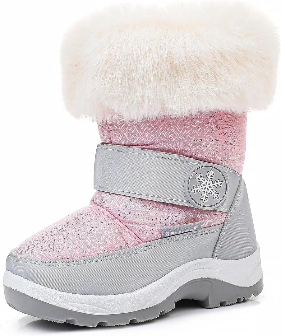 Apakowa Kids Girls Insulated Fur Winter Warm Snow Boots (Toddler/Little Kid) (Pink-7322)