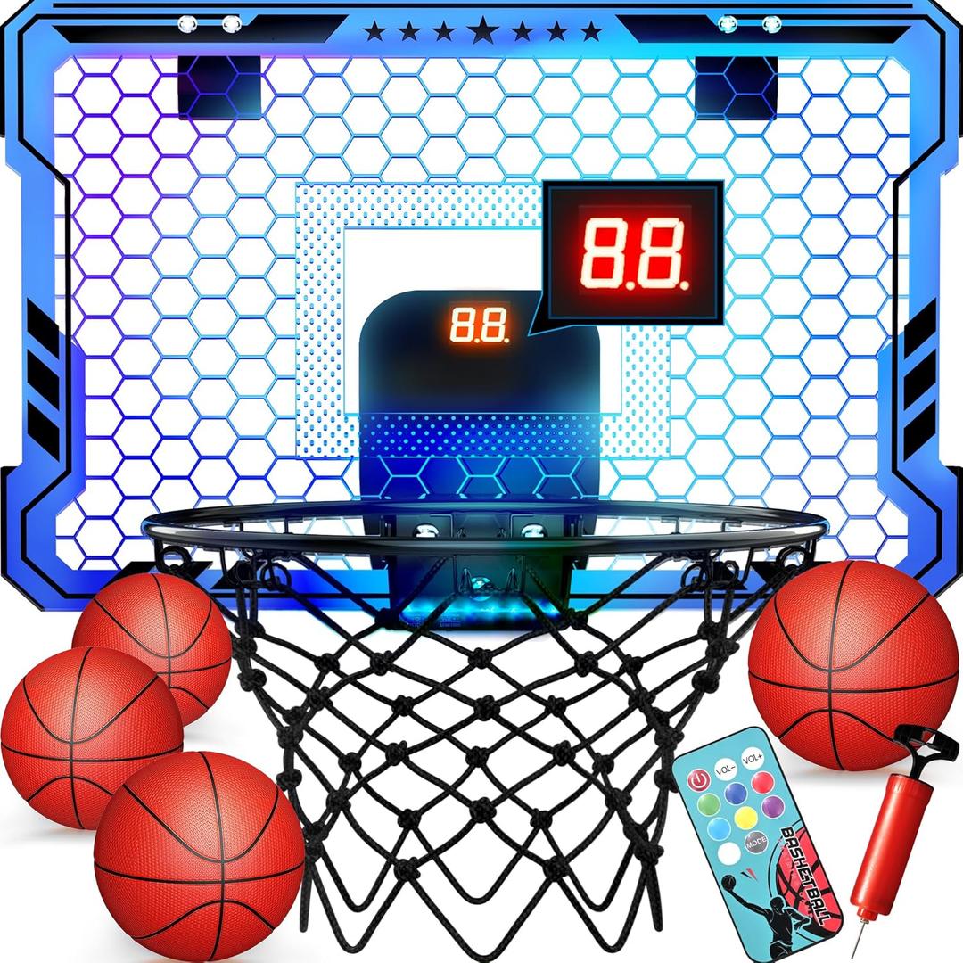 Ropoda Indoor Basketball Hoop, Mini Hoop with 7 LED Lights, 3 Modes Scoreboard, Mini Hoop with 4 Balls Over The Door, Basketball Hoop Indoor, Toys Gifts for Kids Adults