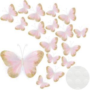 16 Pcs Feather 3D Butterfly Wall Decals Gold Glitter Butterfly Wall Art Mural Stickers Removable for Home Office Wedding Party Balloons Cake Flower Bedroom Bathroom Living Room Decor(Light Pink)