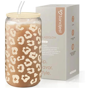 SANDJEST Leopard Glass Can, Beige Leopard Print Cup with Lid & Straw, Iced Coffee Aesthetic Cups, Gift for Christmas Birthday Mother Day, Gifts for Women, 16oz