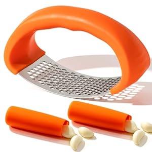 Li&Zhao Stainless Steel Garlic Press Rocker - Garlic Crusher Stainless Steel Garlic Mincer Tool Garlic Rocker with Garlic Peeler Garlic Smasher for Kitchen Cooking(Orange)