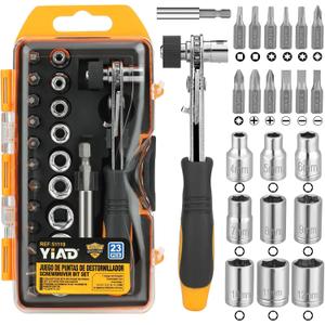 24 in 1 Magnetic Ratchet Screwdriver Set,Magnetic Screwdriver CR-V Steel Multi Bit Metric Sockets 1/4 Extension Bar,Quick-Switch Ratchet Portable Compact Repair Tool Kit for Home,DIY,Bike,Furniture