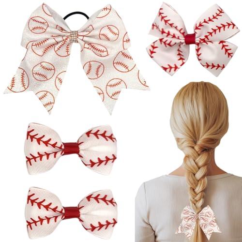 4 Pcs Baseball Hair Bow Red Stitch Hair Clip Bow Baseball Ponytail Holders with Elastic Hair Ties Ball Cheer Hair Barrettes Accessories for Women Birthday Ball Game Supplies