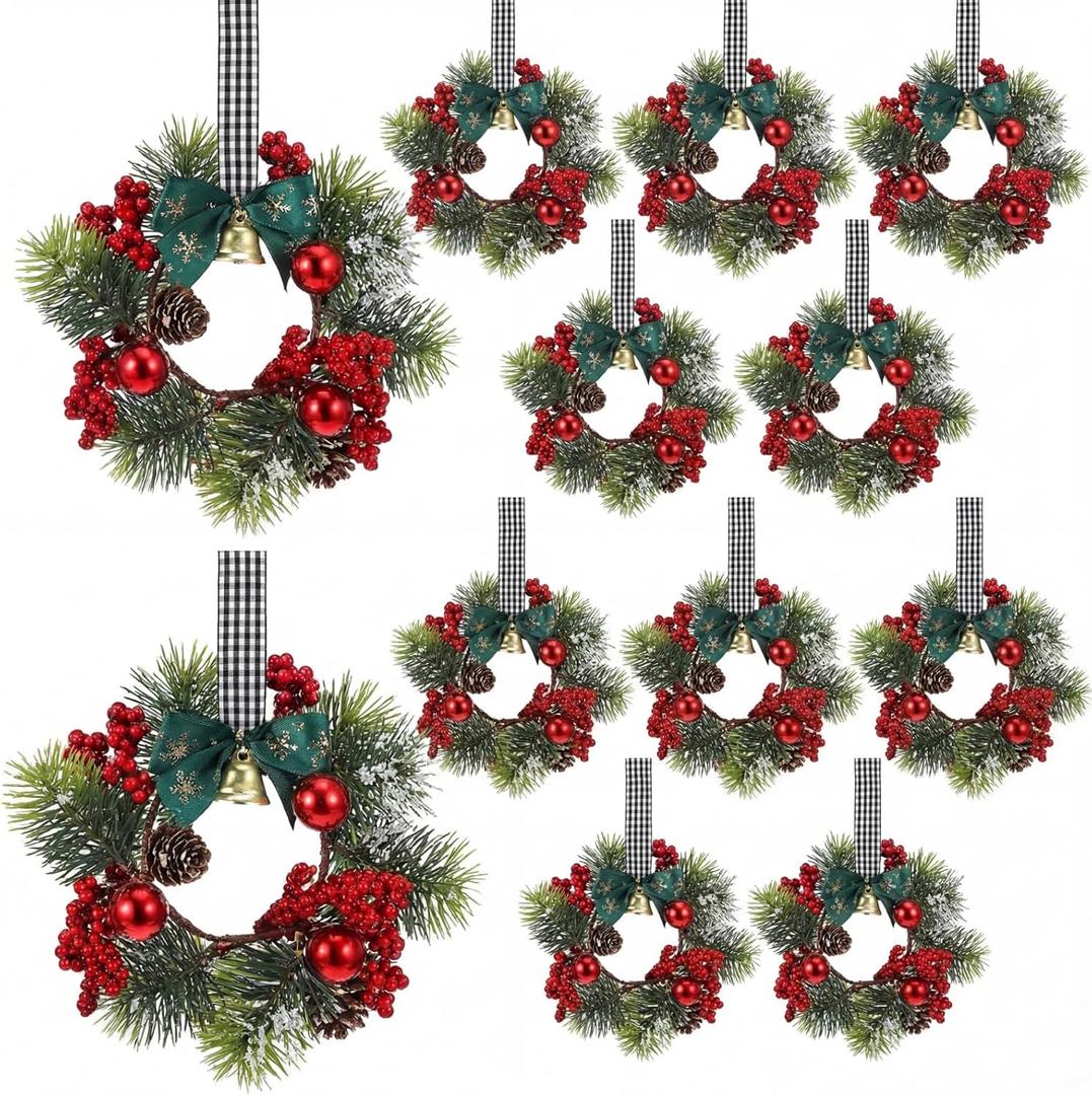Zeyune 12 Pcs Small Christmas Wreaths for Kitchen Cabinets with Bow Ribbon Mini Cabinet Door Wreath Set Hanging Christmas Decor for Kitchen Window Outdoor Indoor, 14.96 x 7.87''(Simple Style)