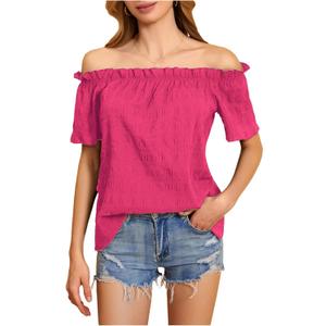 MakeMeChic Women's Summer Off Shoulder Tops Ruffle Short Sleeve Dressy Casual Blouse Top (Pink, M)