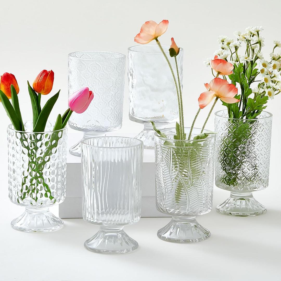 6 Pcs Embossed Flower Vase Pedestal Glass Vases for Flowers Big Base Bottle (h: 7" W: 4") Crystal Vintage Thickened Container Bulk for Wedding Decoration Table Centerpiece Home Decor(Clear)