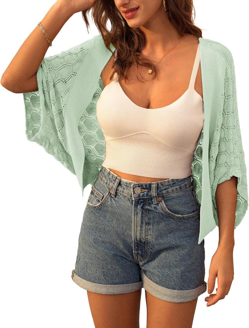 GRACE KARIN Summer Cropped Cardigan for Women 2026 Batwing Sleeve Crochet Bolero Shrug Sweaters Lightweight Beach Boho Kimono Green L
