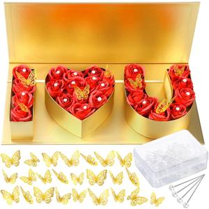 Ireer 75 Pcs I Love You Gift Box Valentines Day Flowers Boxes with 24 Golden Butterfly Decor and 50 Bouquet Flower Pins Valentines Day Heart Shape Box for Him Her Arrangement Decoration(Gold)