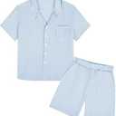 KEYWANTS Boys Summer Textured Outfit Beach Short Sleeve Button Down Shirts and Shorts 2 Piece Vacation Clothing Set for Kids 8Y