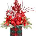 Small Christmas Tree Tabletop Artificial Mini Christmas Tree Decorations with Holiday Ornaments Red Berry Pine Cone Greenery for Home Indoor Fireplace Mantel Xmas Decor (Large-Round-Red)