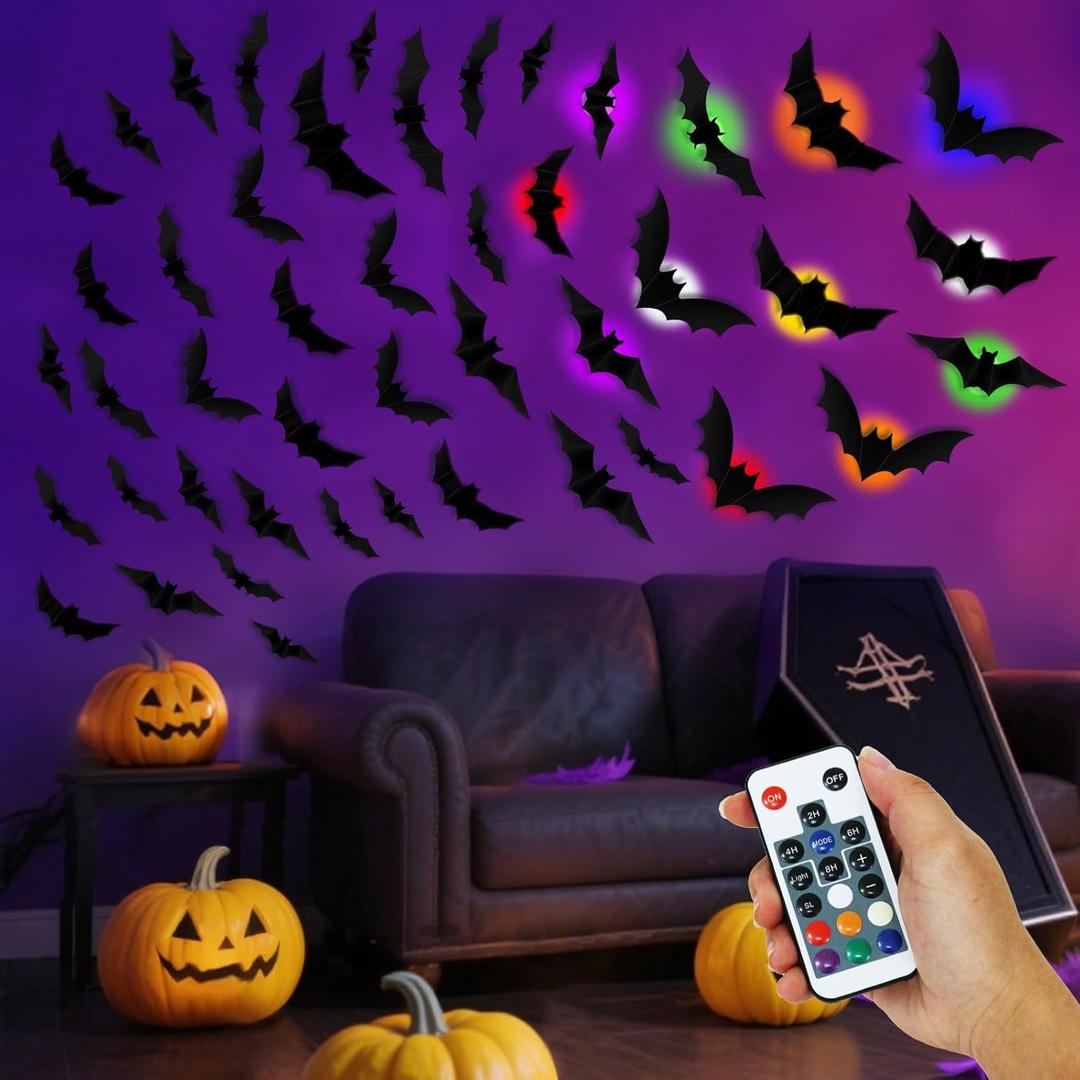 PChero 12 Lights & 48 Bats Halloween Decoration Kit with Remote Timer, Color Changing Light up Bats Wall Decor, 10 Different Size 3D Bat Stickers for Window Wall Living Room Bedroom Party Spooky Decor