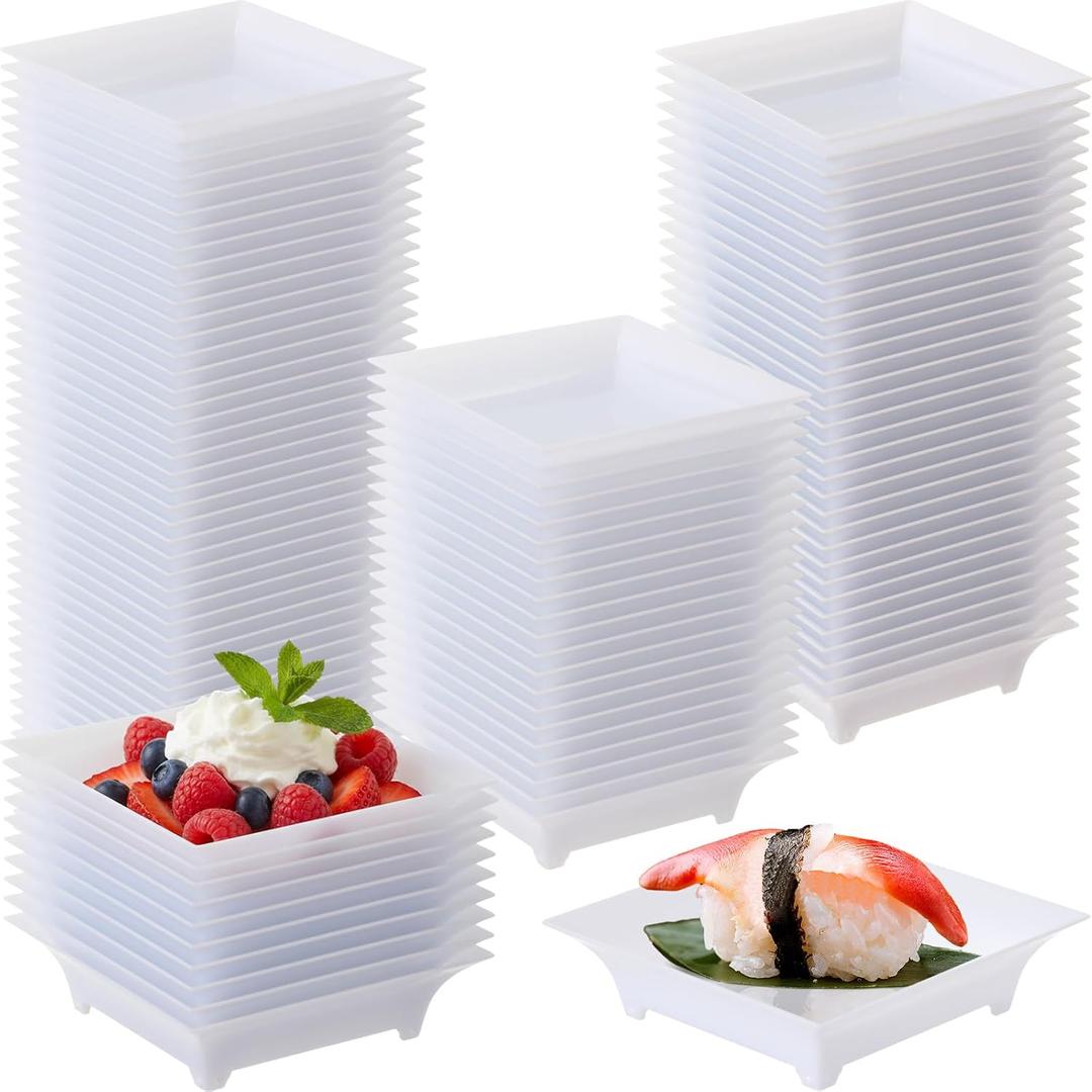 100 Pcs Mini Appetizer Plates Bulk 1 oz 2.4 Inch Square Plastic Dessert Plates Disposable Appetizer Tray for Wedding Summer Pool Beach Backyard Luau Party Shower Cake Birthday (White)