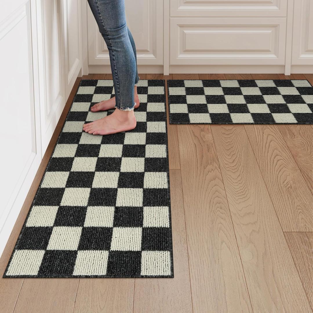 LEEVAN Black and White Checkered Kitchen Mat Sets of 2, Buffalo Plaid Rugs for Kitchen Floor Non Slip, Washable Kitchen Runner Rugs, Standing Mats for Laundry,Office (20''x32'+20''x47'')