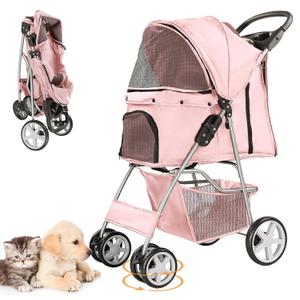 Pet Stroller for Small Dogs and CatsQuick-Folding Portable Travel Cat Dog Stroller with Storage Basket and Cup Holder, 4 Wheels, Light Pink
