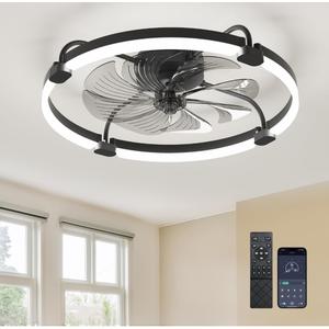 Ensenior 24'' Low Profile Ceiling Fans with Lights and Remote, Fandelier Ceiling Fan Flush Mount, APP Control, 6 Speed & 3000K-6500K Stepless Dimmable Small Ceiling Fan with Light for Bedroom - Black