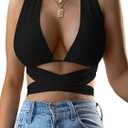 Kaximil Women's Sexy Sleeveless Halter Criss Cross Cami Lace Up Self Tie Tank Crop Tops, L, Black