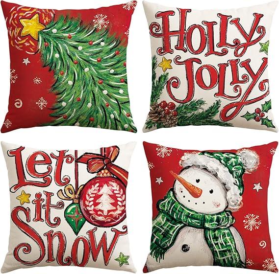 Christmas Throw Pillow Covers 16x16 Inch Set of 4, Christmas Tree Snowman Holly Jolly Let it Snow Red Xmas Decorative Pillow Cases Seasonal Winter Holiday Cushion Covers for Sofa Bed Couch
