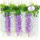 24Pcs Artificial Wisteria Hanging Flowers, 3.6Ft/Pcs White & Purple Fake Wisteria Garland for Wedding Party Home Garden Indoor Outdoor Decoration