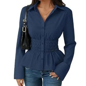 ZESICA Womens 2026 Spring Long Sleeve Blouse Business Dressy Casual Button Down Shirts Peplum Tops Fashion Trendy Clothes Navy Medium