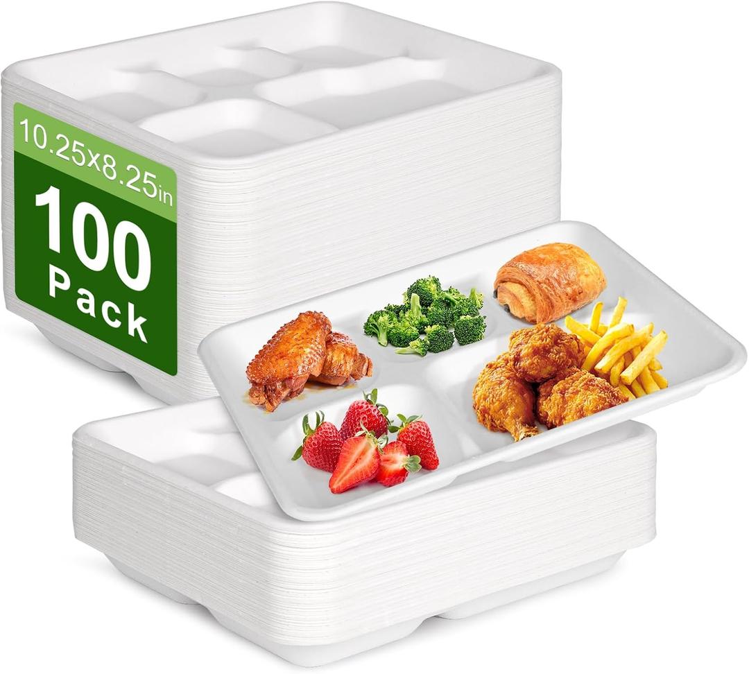 Compostable 5 Compartment Plates Disposable, 10.25 x 8.25 inch, [100-Pack] Heavy Duty Paper Plates with dividers, Sturdy School Lunch Trays, White Large Paper Dinner Plates for Buffet Party