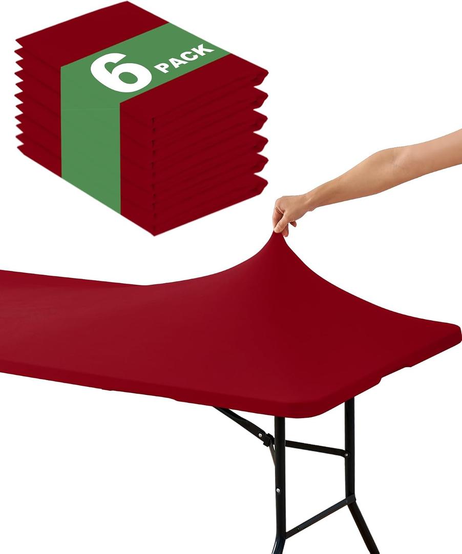 KeyWave Fitted Tablecloth Rectangle Table Cloths - 6 Pack 6 Foot Elastic Stretch Folding Table Top Cover Water-Resistant Reusable for Outdoor Picnic Camping Party Event, Red, 72" L x 30" W