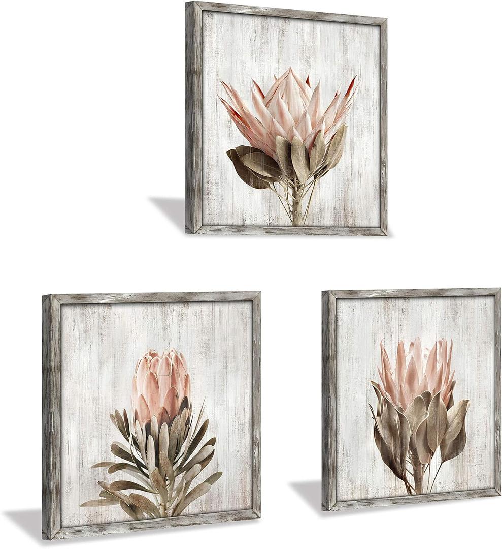 Pink Floral Wall Art Picture: Blossom Protea Flower Artwork Print on Rustic Wood Framed for Home Decor (16 x 16 x 3 Panels)