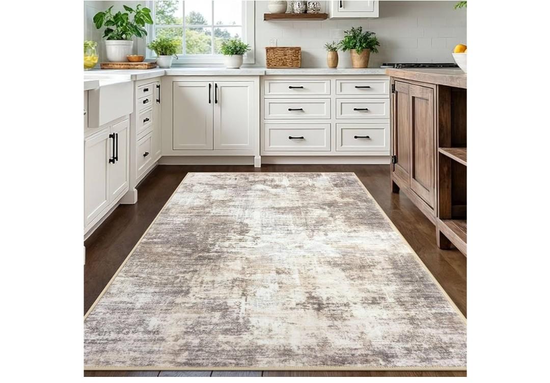 IOHOUZE Abstract Area Rugs 5x7 Ft Washable Rugs for Living Room, Non Slip Dining Room Rug, Printed Faux Wool Rugs for Bedroom, Floor Carpet for Office Nursery Playroom, Beige Brown