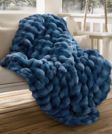 blunique Ultra Soft Cozy Faux Fur Throw Blanket, Fuzzy Plush Thick Bubble Blanket, Oversize Luxury Fluffy Blanket for Couch, Sofa, Bedroom, and Living Room,50x60 Inches,Blue