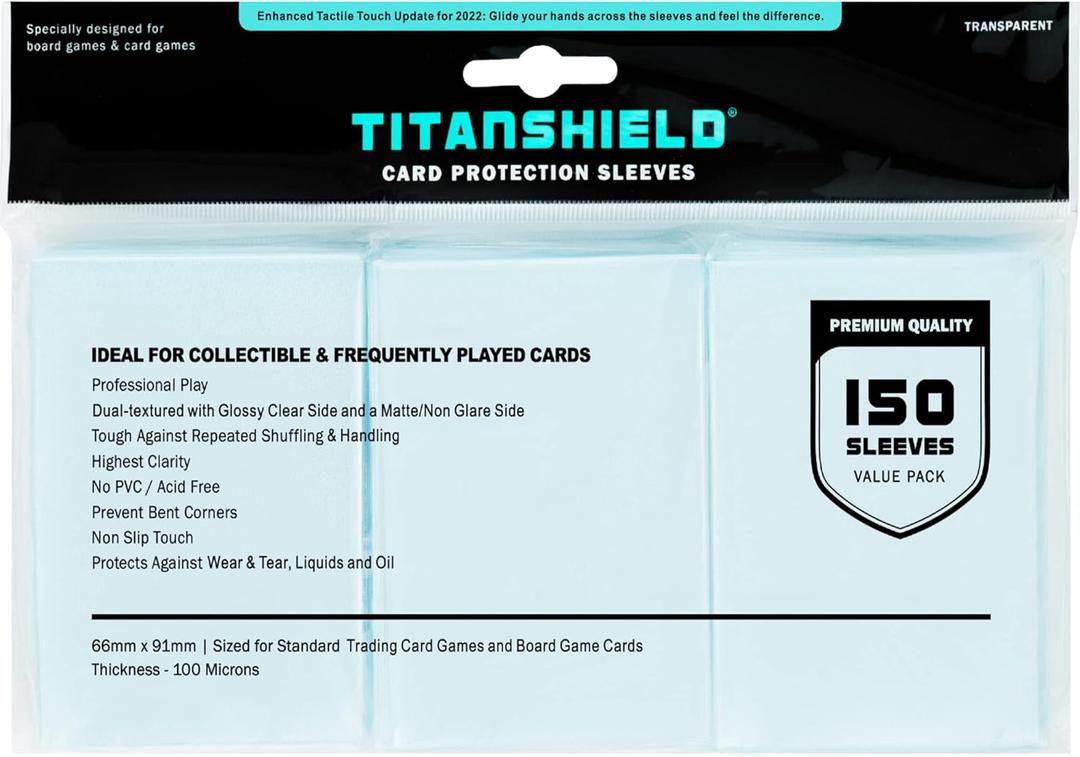 TitanShield Premium Clear Card Sleeves Compatible with Standard Sized Board Games, MTG Magic The Gathering, Pokemon, Lorcana and Trading Cards 2.5" x 3.5" 66x91mm (150 Sleeves) (Single Pack)