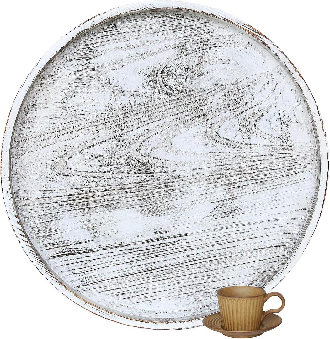 Gurfuy Extra Large Round Ottoman Table Tray Round-24 - Rustic Wooden Serving Tray for Farmhouse Decorative Oversized Coffee Table Trays Living Room Kitchen Counter Breakfast Whitewash