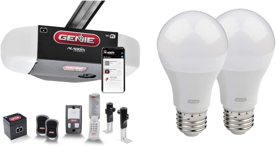 Genie 7155-TKV Smart Garage Door Opener StealthDrive Connect - Ultra Quiet Opener, WiFi, Battery Backup - Works with Alexa & Google Home and GLEDB2-R2 2 Pack Garage Door Opener LED Light Bulb, 4000K