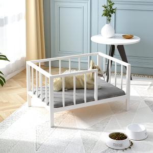 OSCHF Dog Bed with Rails - Elevated Pet Metal Bed Frame with Solid Wood Board and Washable Soft Mat for Small Dog Indoor or Outdoor Use, 21.3" x 30 ", White