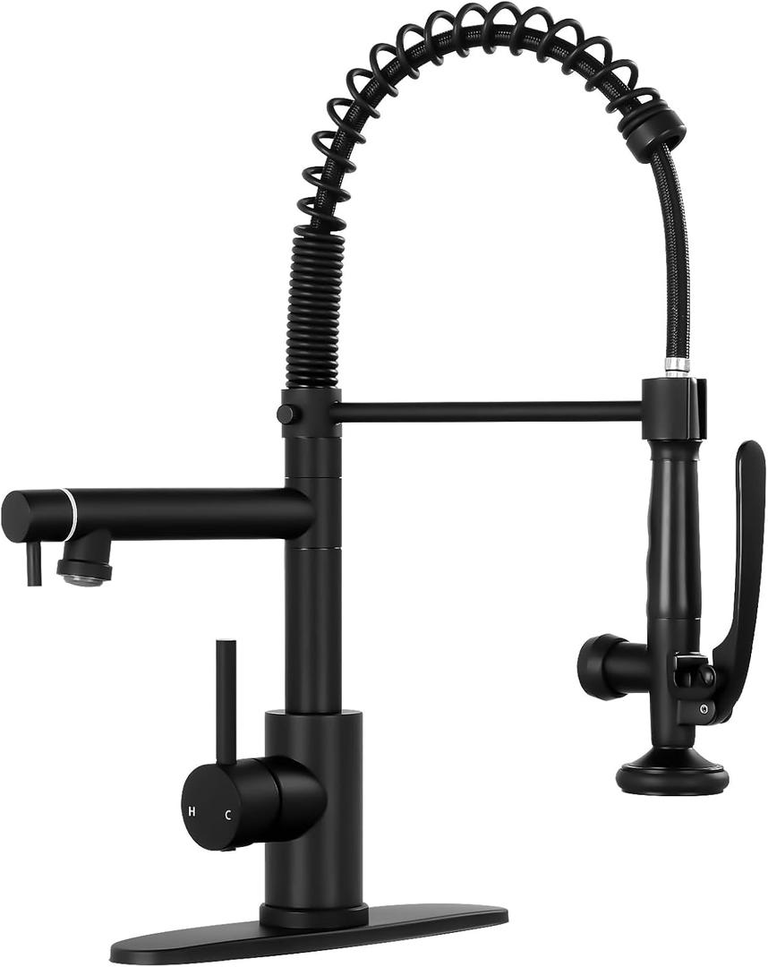 Commercial Kitchen Faucets with Pull Down Sprayer, Matte Black Sink Faucet with Deck Plate, Stainless Steel Single Handle Spring Sprayer for Kitchen