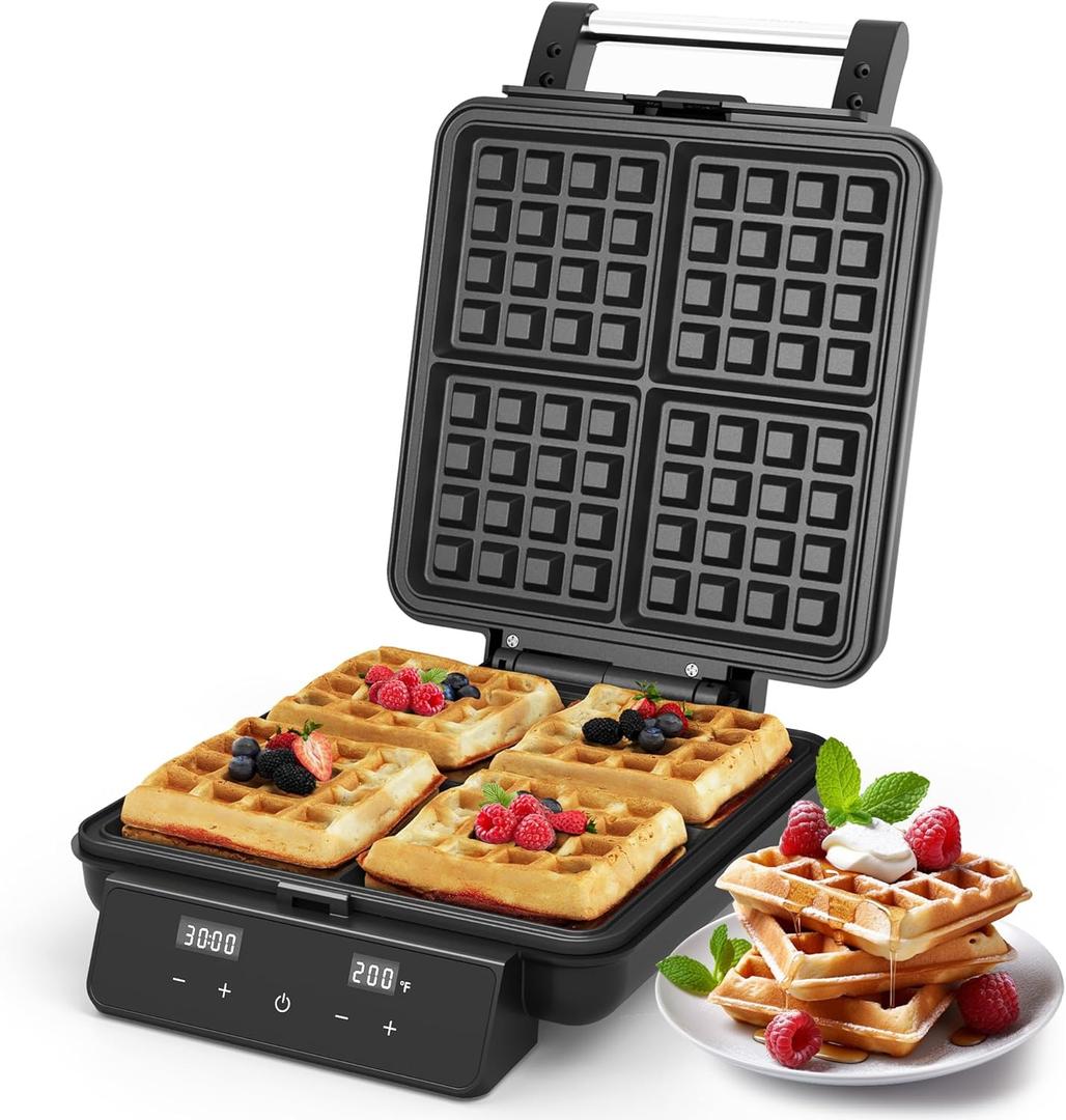 4-Slice Waffle Maker with Nonstick Surface, 1200W Waffle Iron, Time & Temperature Control, LCD Display, Perfect Waffle Maker for Kids and Families, Stainless Steel, Black  