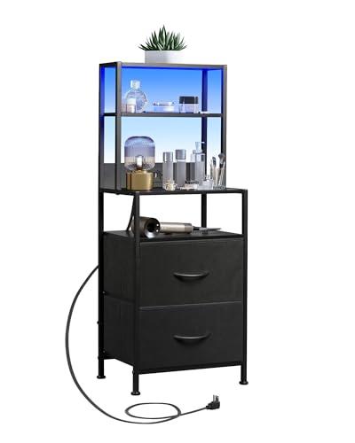 WLIVE Nightstand with Charging Station, LED Night Stand with 2 Drawers and 4 Storage Open Shelves, Fabric Dresser for Bedroom, Black