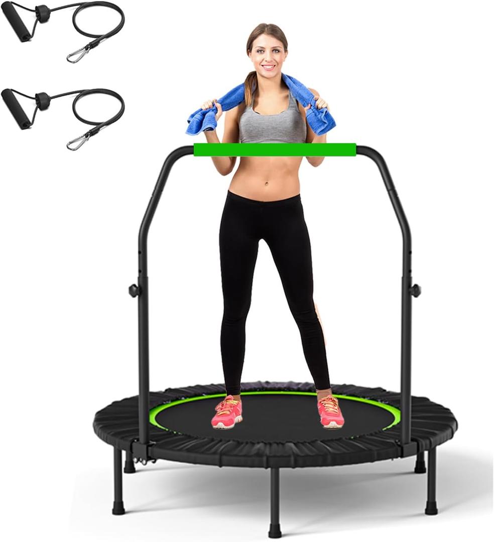 JUSTJUMP 40" Rebounder Trampoline for Adults Indoor Outdoor Fitness Foldable Trampoline Max Load 275lbs with Adjustable Foam Handle 4-Level Height Adjustable (Black)