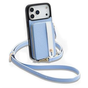 LAMEEKU for iPhone 17 Pro Case Wallet with Wrist Strap, Zipper Crossbody Purse with Phone Grip Holde 6.3 inch Blue