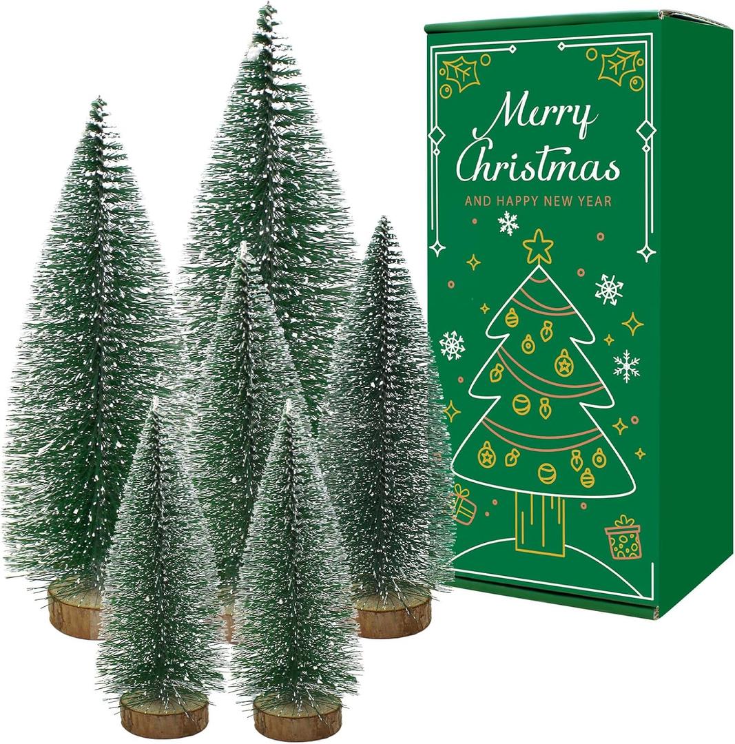 6 Pcs Small Christmas Trees Bottle Brush Christmas Trees Christmas Decorations, Small Christmas Pine Tree with Wooden Base for Christmas Table Decorations (4 Size)