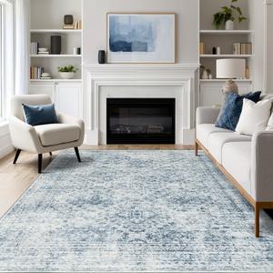 MIULEE 6x9 Vintage Living Room Rug Washable Area Rugs Low Pile Floor Mat for Bedroom Dining Room Non-Slip Stain Resistant Soft Indoor Carpet for Home Decor, Blue